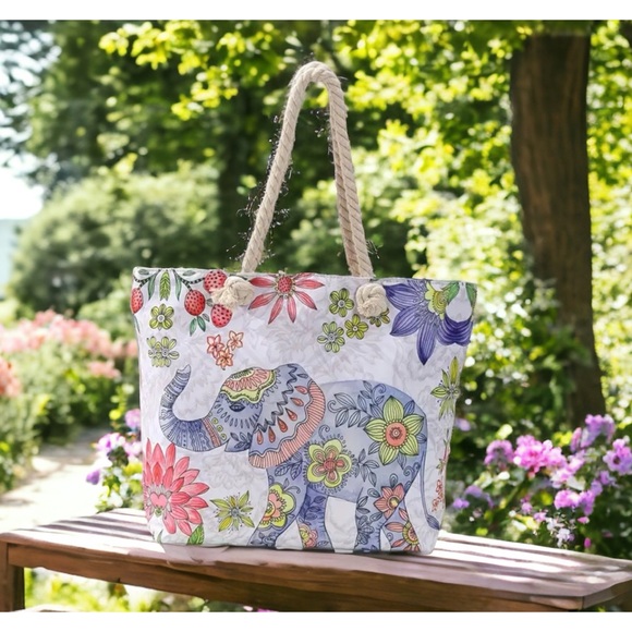 Jumbo Mandala Elephant Canvas Tote Bag, Safari Wildlife Casual Beach Bag - Picture 1 of 4